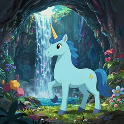 a wholesome animation key shot of a blue unicorn in hollow earth landscape, waterfall, colorful, studio ghibli, pixar and disney animation, sharp, rendered in unreal engine 5, anime key art by greg rutkowski, bloom, dramatic lighting, volumetric lighting