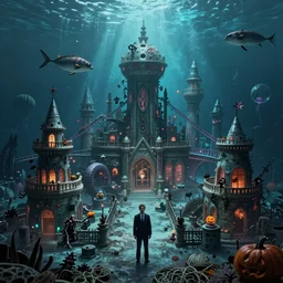 a horror based amusement park created by a frugal businessman during halloween that takes place deep underwater and is built on the idea of the lost city of atlantis and created on a shoestring budget, halloween decorations, underwater city, amusement park, spooky, amusement park attractions, deep sea, horror themed, fun, concept art, by harper groff in collaboration with tim burton