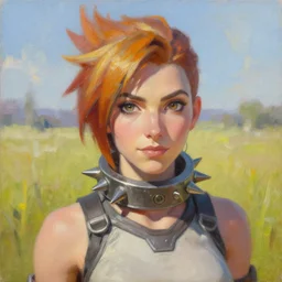 oil painting of tracer overwatch in a field wearing spiked collar around neck, in style of greg rutkowski, expressive face, wearing choker, steel collar, steel choker, wearing collar on neck, detailed face, detailed eyes, full body, feminine face, tracer overwatch,