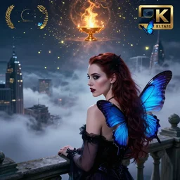 hyperrealistic portrait of a amber heard as a vampire witch over - the - shoulder mid shot at a stone balcony, sapphire butterflies wings, mystic fog smoke, altar of fireflies above the clouds skyscrapers. by jeremy mann, alma tadema, bouguereau, fantasy art, photo realistic, dynamic lighting, artstation, poster, volumetric lighting, 4 k, award winning