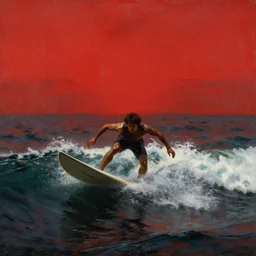 man surfing on the waters of oblivion, red sky, oil painting, dramatic, grand, romantic, apocalyptic, by john martin