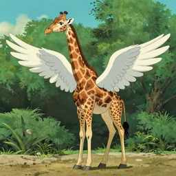 giraffe with angel wings on its back, full body shot, wings, by studio ghibli, at the zoo