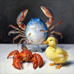 still life painting of a blue fat fish crab lobster dancing with a yellow laughing duck rabbit on a white table, high contrast lighting, impressionism, real fur, real feather