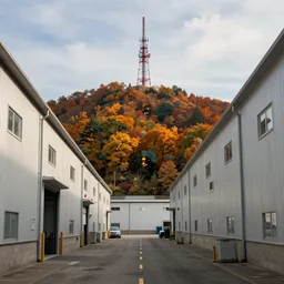 warehouses on either side of a street, with an autumn hill directly behind, radio tower. Lens compression, photography, highly detailed