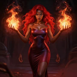 full body portrait of beautiful sorceress, black skin, skintight cocktail dress, mystical, red hair, angry, fireballs, dark fantasy, highly detailed, smooth, sharp focus, digital illustration, by rossdraws, sakimichan, wlop