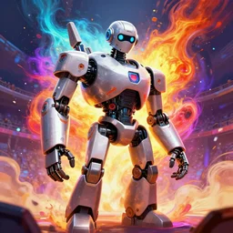 anthropomorphic robot with human characteristics in an arena, digital art, epic composition, fantasy, explosion of color, highly detailed, in the style of jake parker, in the style of conrad roset, swirly vibrant colors, sharp focus