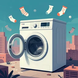 giant washing machine attacking city, flying socks, 1 9 6 0 s science fiction poster, atompunk, behance, trending on artstation