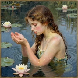 A girl bathes in a lake where water lilies are floating, lithography by Aubrey Beardsley, High definition, detailed,
