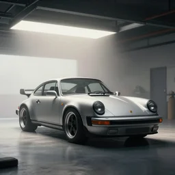 photo of a porsche 911 standing in a garage, mist, volumetric light, cinematic lighting, octane render, 4k