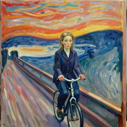 Erna Solberg rising a unicycle oil canvas paining by Edvard Munch