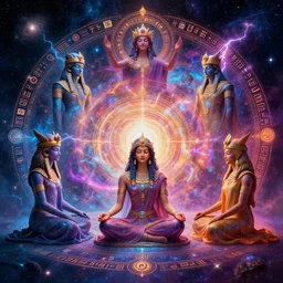 full body cosmic gods : : of joy sitting around the core of consciousness, fractal, chakras, galaxy, stars, spirals, ancient, lightining, vivid colours, hieroglyphs, symbols evolving consciousness, eyes, unreal enigne 5
