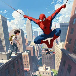 three - point perspective illustration of spiderman swinging across manhattan, by kim jung gi, paul heaston, makoto shinkai, digital art, panaromic view. extremely wide angle shot, trending on art station, 4 k uhd image, vibrant lighting