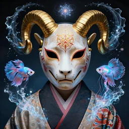 3 d transformer close up frontal view, portrait, astral projection, with ram golden skull. beautiful intricately detailed japanese fractal kitsune mask and clasical japanese kimono. betta fish, jellyfish fractal, bio luminescent, plasma, ice, water, wind, creature, mandelbulb, fractal, artwork by tooth wu and wlop and beeple and greg rutkowski