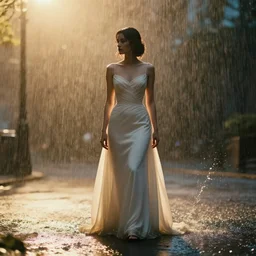 symmetry!! a 2 8 mm macro photo of a woman in a formal gown standing in the rain, misty, morning, splash art, movie still, bokeh, canon 5 0 mm, cinematic lighting, dramatic, film, photography, golden hour, depth of field, award - winning, anamorphic lens flare, 8 k, hyper detailed, 3 5 mm film grain