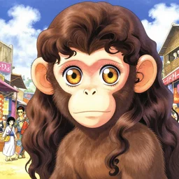 character portrait of the monkey princess with gorgeous detailed eyes in the marketplace in the sky, color page, tankoban, 4 k, tone mapping, doll, akihiko yoshida, james jean, andrei riabovitchev, marc simonetti, yoshitaka amano, long hair, ape, curly