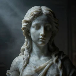weird marble statue close up in a dark room, creepy and eerie athmosphere, mist, godrays, photorealistic, highly detailed, unreal engine