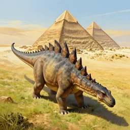 giant stegosaurus with spikes guarding the pyramids in an ancient grassy egyptian landscape, from above, high quality digital art, concept art, trending on artstation, fantasy, realist paining