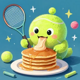 a tennis ball monsters eating pancakes, colorful, digital art, fantasy, magic, chalk, trending on artstation, ultra detailed, professional illustration by basil gogos