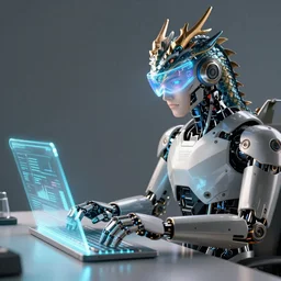 Medium shot, male robot anthro dragon with a holographic visor, typing on a holographic keyboard, clean digital art, upscaled