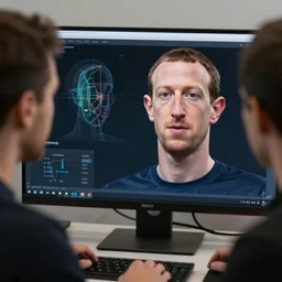 pavel durov looks at the monitor!!, mark's face is depicted on the monitor!! zuckerberg in 3 d graphics, technology realism, 8 k detail, proportions, golden ratio, composition, soft light, depth of field, focus