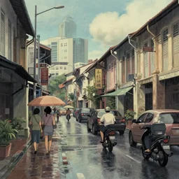 a quiet petaling street in chinatown, kuala lumpur, pedestrians, cars, motorbikes, rainy day, matte painting, studio ghibli, artstation