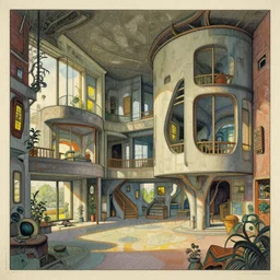 a photo of a concept architecture art house solarpunk indoor, style brutalism, extremely detailed, sharp focus, wide view, detailed rought paper, digital illustration, colorfull, by william turner art, by alphonse mucha