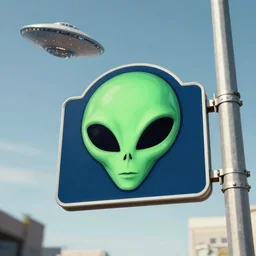 street sign showing an alien face while an ufo is in the sky
