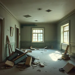 a stylized 2 d cinematic keyframe of a old room interior debris, abandoned, neutral tones, joy gaze, cel - shaded, classical animation, edge - to - edge print, rendered by studio ghibli, artgerm, alyssa monks, andreas rocha, david kassan, neil blevins, rule of thirds, golden ratio, ambient lighting, artgerm, artstation, watercolor