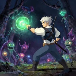 the witcher fighting bioluminescent monsters in a ghibli cartoon, by giger