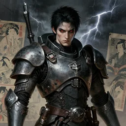 portrait of gothic and futuristic young man, warhammer, cyber armor, a lot of scars, thunderstorm, black head, red eyes, the middle ages, highly detailed, artstation, in the style of moebius, jugendstil and classic japanese print, art by jean delville