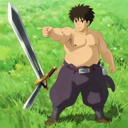 a full body portrait of a big fat warrior man holding a giant sword, buster sword like, pointing the sword forward, dressed like an adventurer, delicate features finely detailed perfect art, green field, gapmoe yandere grimdark, trending on pixiv fanbox, painted by greg rutkowski makoto shinkai takashi takeuchi studio ghibli
