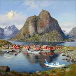 lofoten landscape in the style of dr. seuss, starships, painting by albert bierstadt