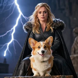 giorgia meloni in game of thrones, she in riding a cute corgi, epic shot, cinematic lightning, 4 k