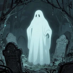 a ghost visiting its own grave, digital art