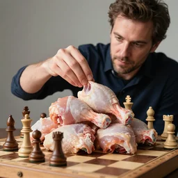 a photo of a french man called jean claude creating a pile of raw chicken thighs on top of a chess board