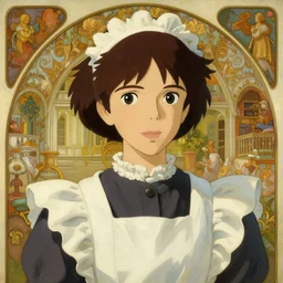 portrait of a beautiful maid in a beautiful mansion painting by craig mullins and leyendecker, studio ghibli fantasy close - up shot asymmetrical intricate elegant matte painting illustration hearthstone, by alphonse mucha by greg tocchini by james gilleard