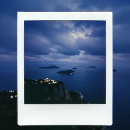 night, blue hour, early night, deep blue atmosphere, overcast, low light, sundown, scattered islands, sea, ocean, low pressure system, cloud with eye, very windy, late evening, distant hotel retreat on cliffside, shining lights on cliff side, polaroid photograph
