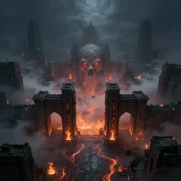 metropolis, the gates of hell surrounded by fire and lava, epic, wide angle, matte painting, ethereal, thick black fog