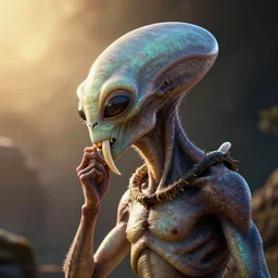 a sentient alien from a newly discovered planet. angular jaw, large canine teeth and it's throat is covered in spiny hairs, it's smooth bioluminescent skin is punctuated by brown freckles, middle aged, hunter gatherer, portrait photograph, 3 / 4 profile, glancing down in thought, in pain, volumetric lighting, golden ratio composition, strong backlight, poster, highly detailed, sharp focus, bokeh, hyperrealism