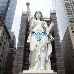 a gigantic 500 foot tall white marble statue of Gal Gadot as Wonder Woman surrounded in scaffolding in downtown NYC