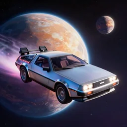 1 9 2 2 delorean cruising by a planet in space, vibrant, futuristic, illuminated, 4 k, concept art, digital art