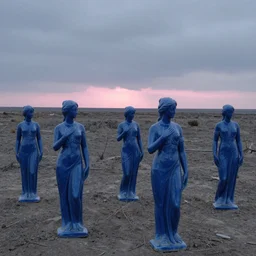 a field of blue caeramic statues of woman in a barren desk in moninous blue light, overcast, pink light on the horizon by john martin and thomas kinkade