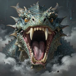 ultra realist and ultra intricate detailed soft painting of a gigantic wyrm opened mouth,  symmetry features, huge ivory teeth, slimy tongue, sensual gloomy style, volumetric clouds,  cyberpunk background, artstation,  unreal render, depth of field
