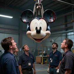 workers in hangar looking at bloody mickey mouse head lifted by claw, made by beeple, cgsociety, artgerm, greg rutkowski, highly detailed intricate 4 k art, low light cinematic, smooth concept art
