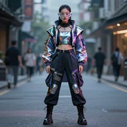 asian woman full body instagram photo on street, wearing cyberpunk techwear streetwear clothes, wearing transparent glass mask, chrometype aesthetics, highly detailed, by andrew chiampo, beeple, artstation, and frederik heyman, extremely detailed woman, stunning volumetric lighting, hyper realism, fantasy, intricate