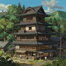 concept art painting of a historic bakery with european and japanese architecture, in a woodland village surrounded by trees and mountains, realistic, detailed, cel shaded, in the style of makoto shinkai and greg rutkowski and james gurney