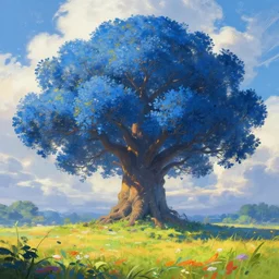 giant tree with blue leaves in the background reaching into the clouds, fields in foreground, magical, fantasy, digital art, colorful, divine, painting