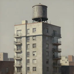 american city, modern times, a weird apartment, four stories high, with a huge water tank on the roof. the color of the picture is gray, and the painting style is retro