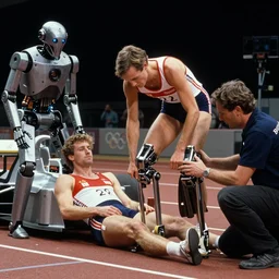 The matrix, LeeLoo, Starship Troopers, Olivia Pope, 1990's Olympics footage, Sprinter athletes recovering from a race, tuning their mechanical legs with mechanics helping, intense moment, cinematic stillframe, dramatic lighting, The fifth element, vintage robotics, formula 1, starring Geena Davis