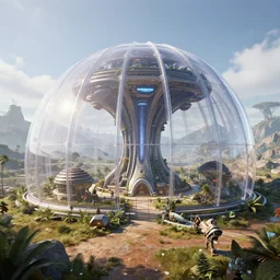 arcology oasis big transparent dome. unreal engine, octane, raytrace. horizon zero dawn, hawken